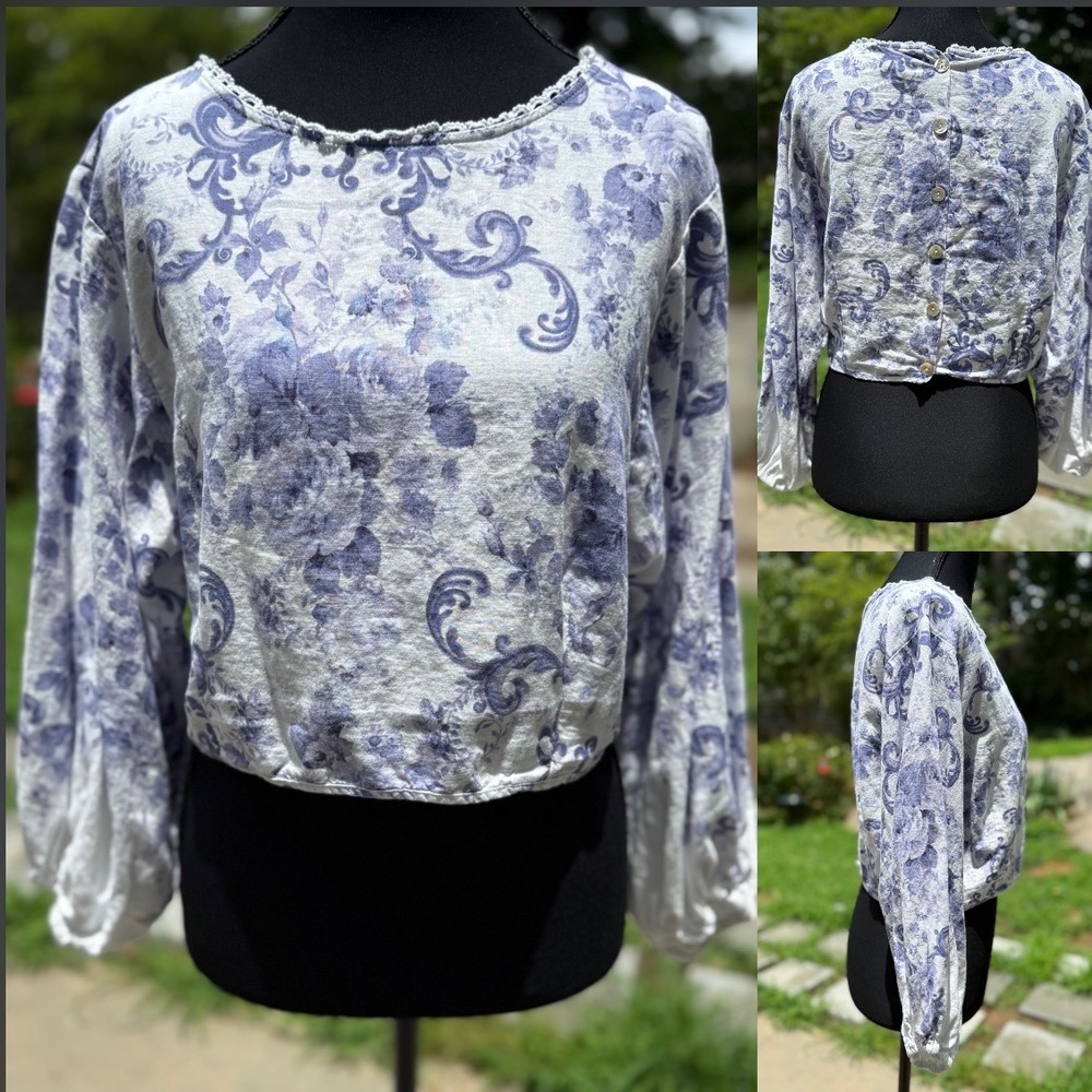 Joie Floral Toile Linen‎ Blend Cropped Blouse Back Button Lantern Sleeve Top